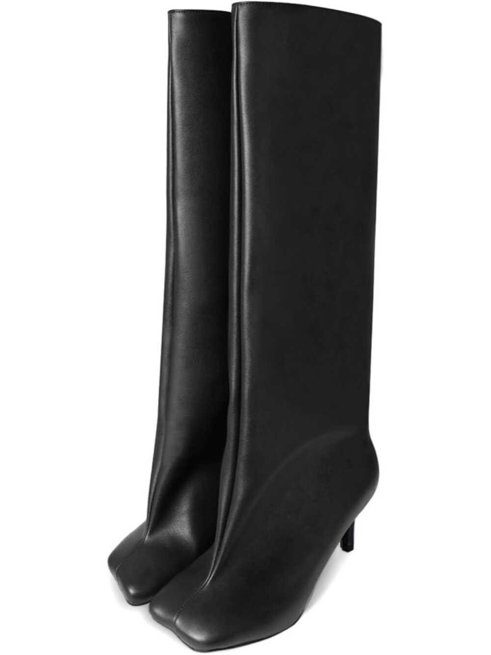Women's Black Pu Suede Knee High Boots Square Toe Stiletto Heels Wide Calf Boots